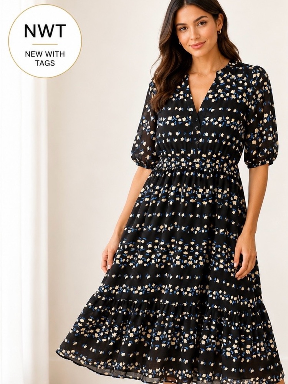 11. NWT Ann Taylor NWT Black Floral Midi Dress with Smocked Waist